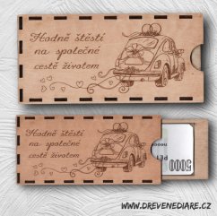 Dřevěná krabička na peníze - Svatební auto